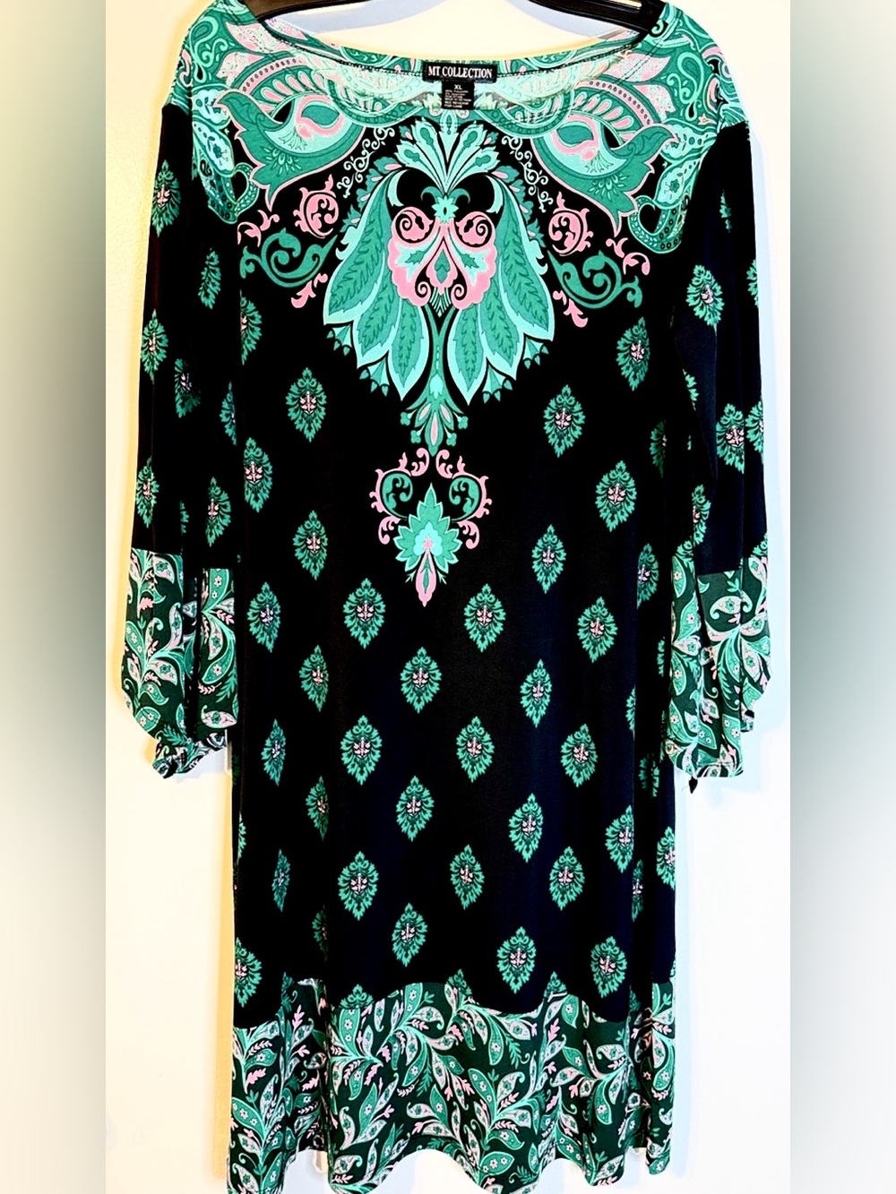 MT Collection Black Long Sleeve Dress with Green & Pink Paisley Print XL